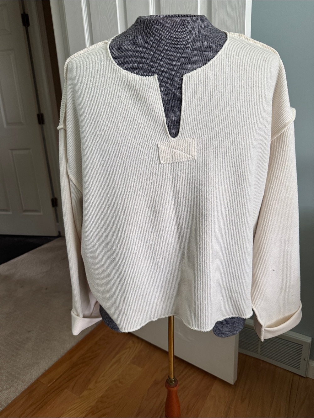 Urban Outfitters Cream Split-Neck Ribbed Knit Sweater